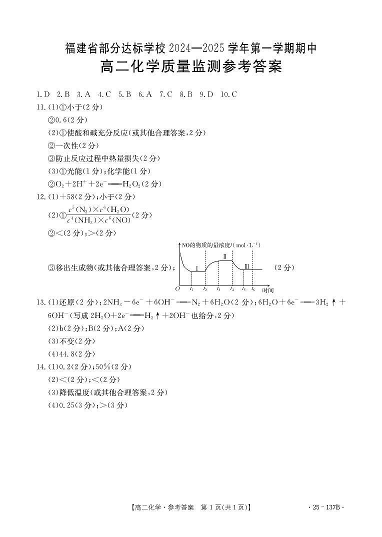 福建省部分达标高中2024年高二上学期期中考试化学答案第1页
