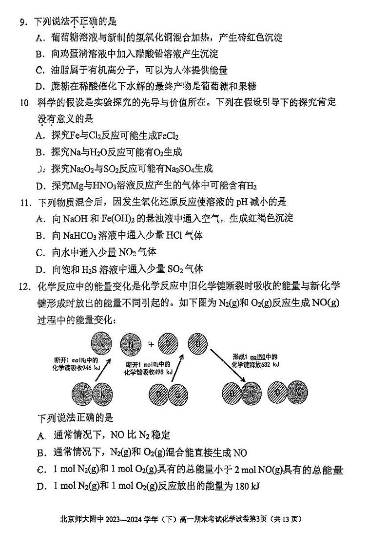 2024北京北师大附中高一（下）期末化学试题及答案第3页
