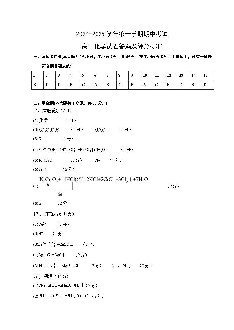 江苏省南京市高淳区湖滨高级中学2024-2025学年高一上学期期中考试 化学试题01