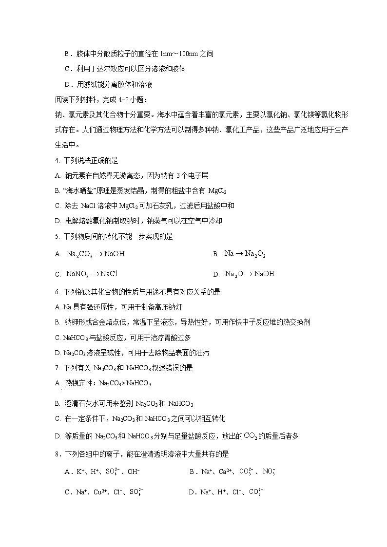 江苏省南京市高淳区湖滨高级中学2024-2025学年高一上学期期中考试 化学试题02