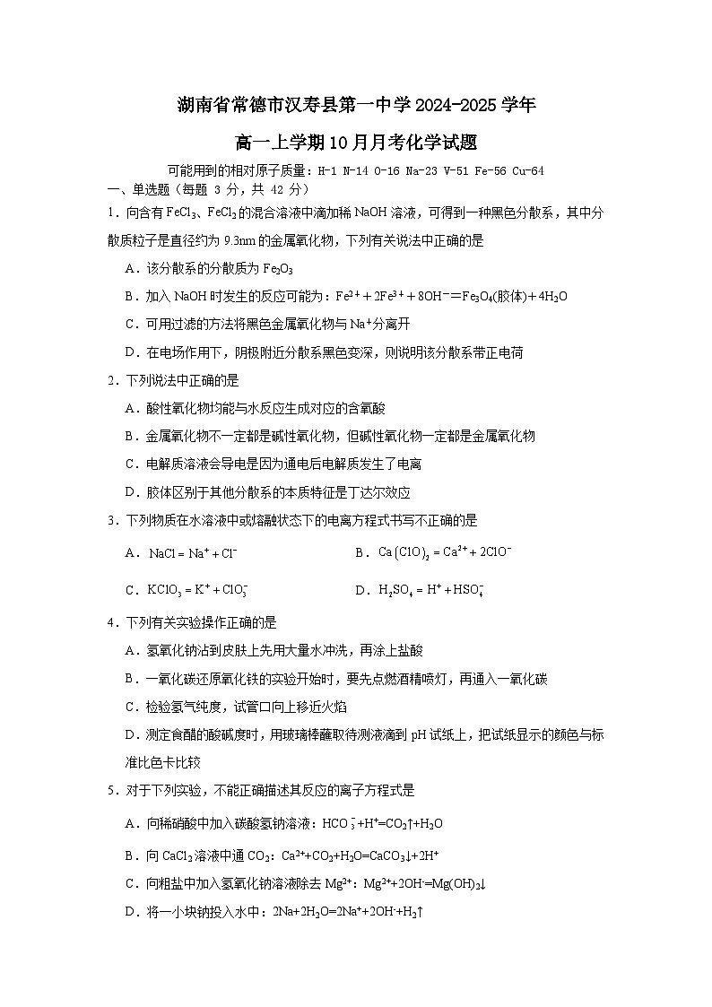 湖南省常德市汉寿县第一中学2024-2025学年高一上学期10月月考 化学试题01