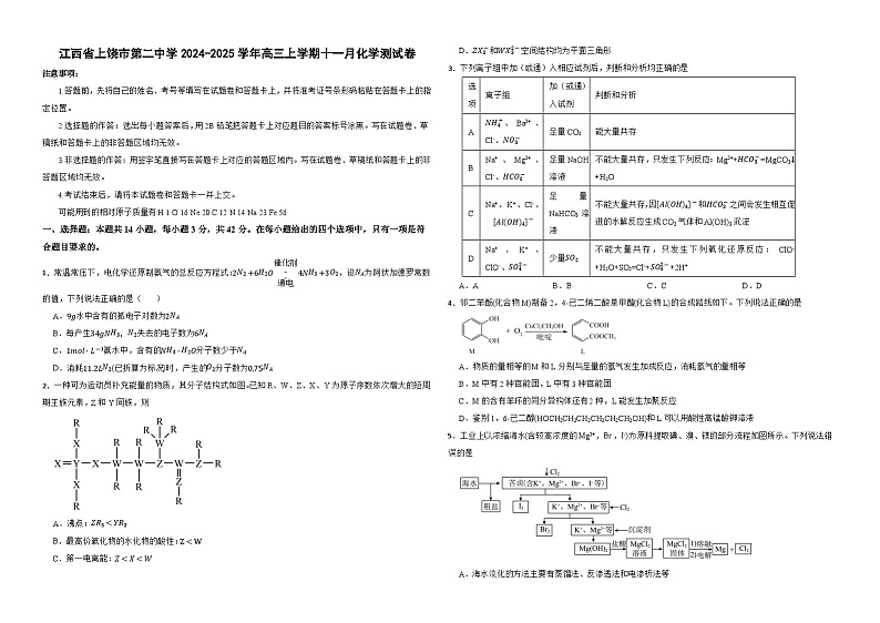 江西省上饶市第二中学2024-2025学年高三上学期十一月化学测试卷第1页