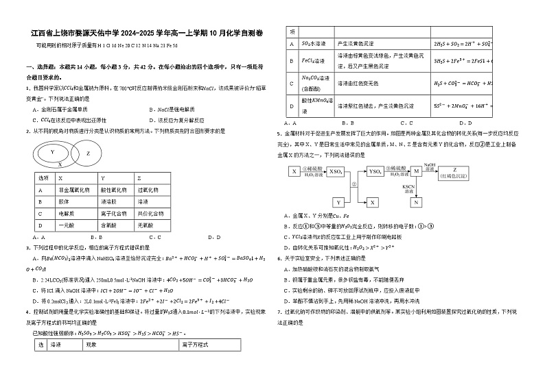 江西省上饶市婺源天佑中学2024-2025学年高一上学期10月化学自测卷01