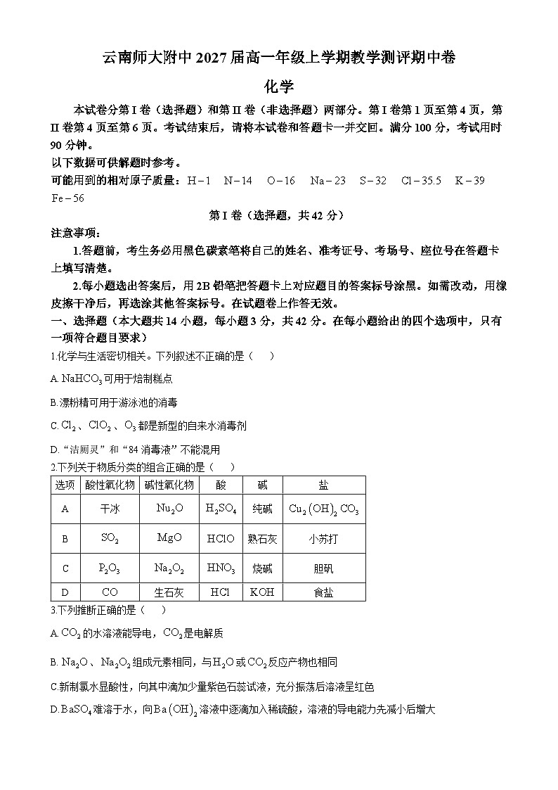 2025云南师大附中高一上学期期中考试化学含答案第1页