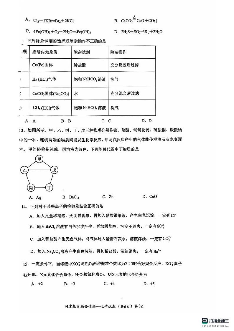 2025武汉问津教育联合体高一上学期10月联考试题化学PDF版含解析第3页