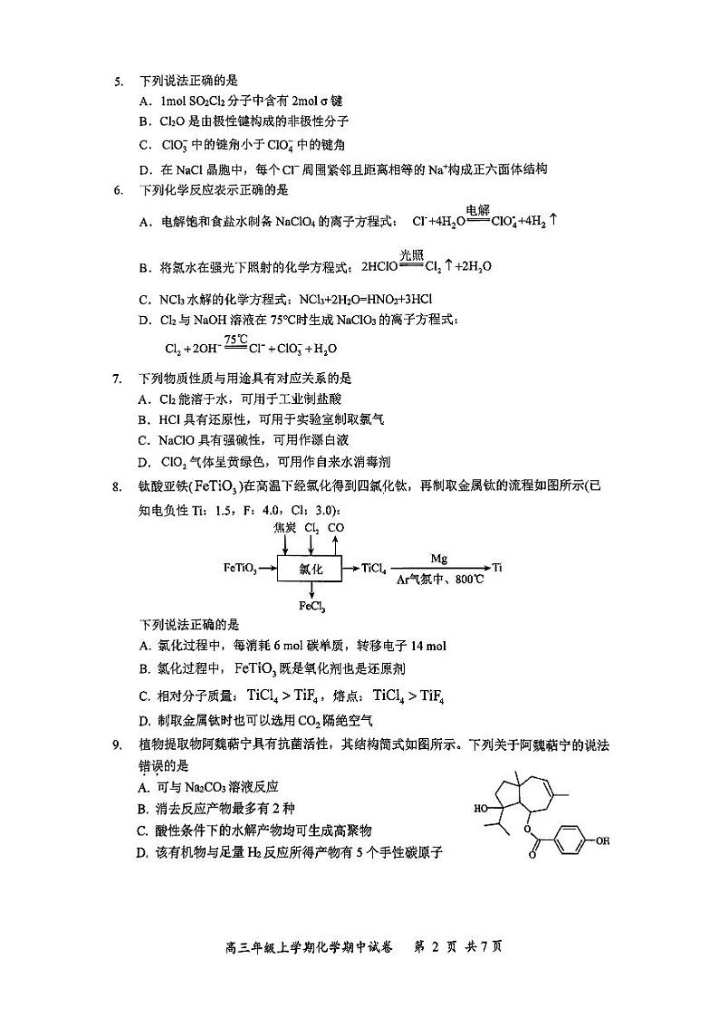 2025届南京师大附中高三上学期期中考试化学试卷+答案第2页