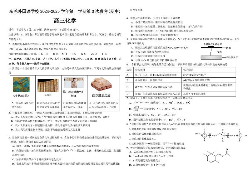 广东省东莞外国语学校2024-2025学年高三上学期11月期中考试 化学试题（PDF版，含答案）第1页