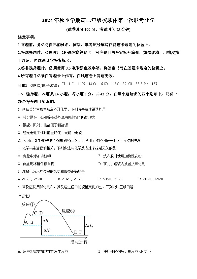 广西壮族自治区河池市十校联考2024-2025学年高二上学期10月月考 化学试题  Word版无答案第1页