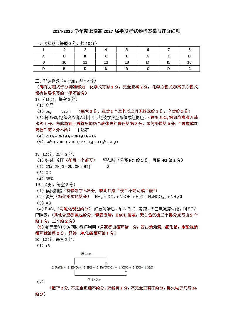 2024-2025学年上期高2027届半期考试化学参考答案与评分细则第1页