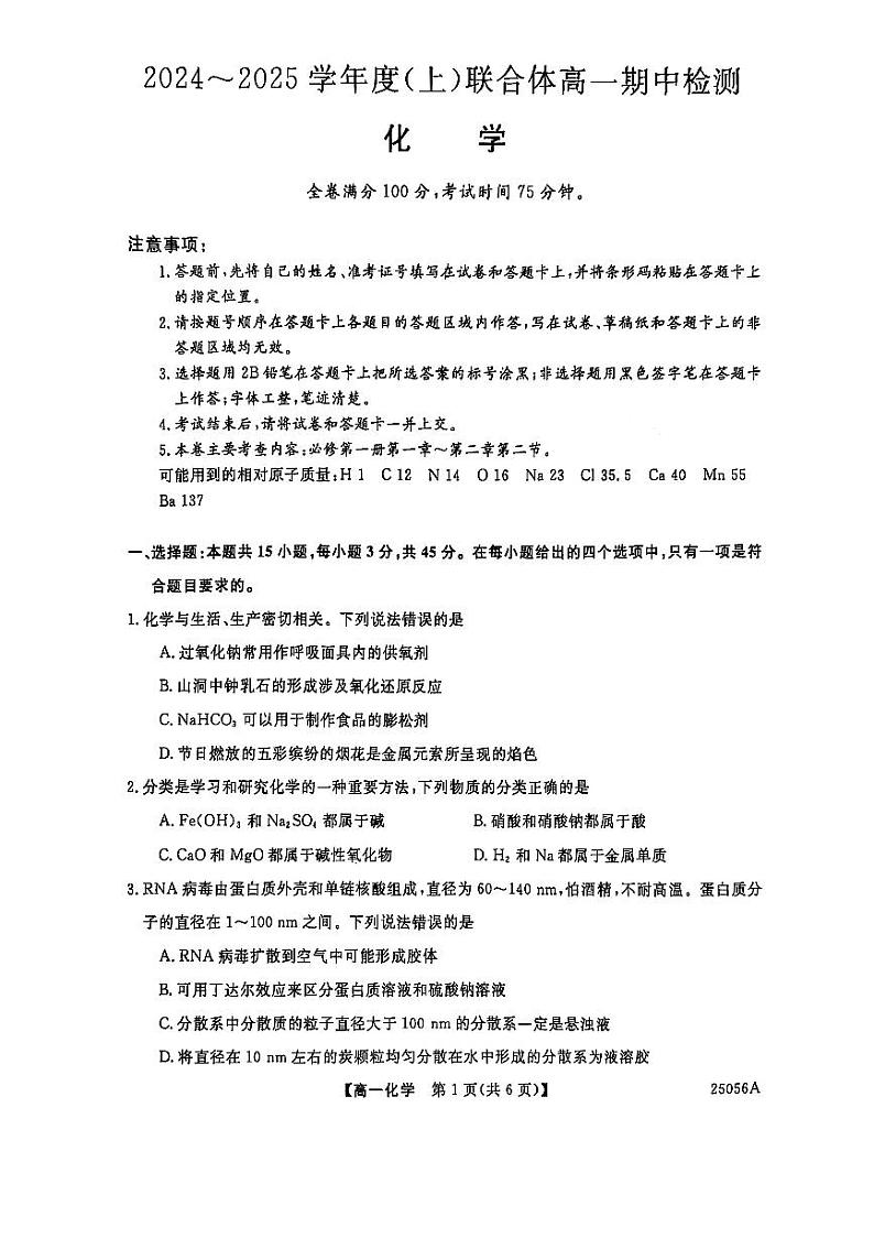 2024-2025学年度上学期期中高一化学 试卷第1页