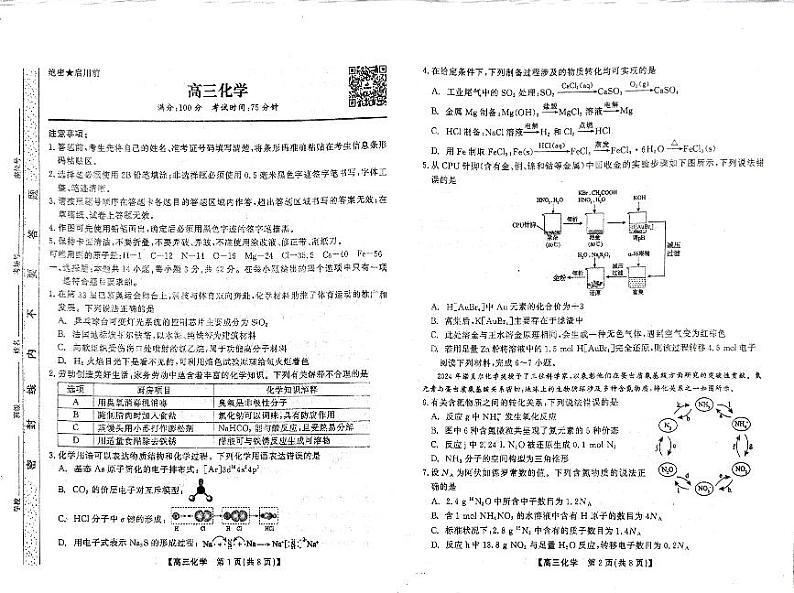 安徽省临泉田家炳实验中学2024-2025学年高三上学期11月期中考试 化学试题（PDF版无答案）第1页