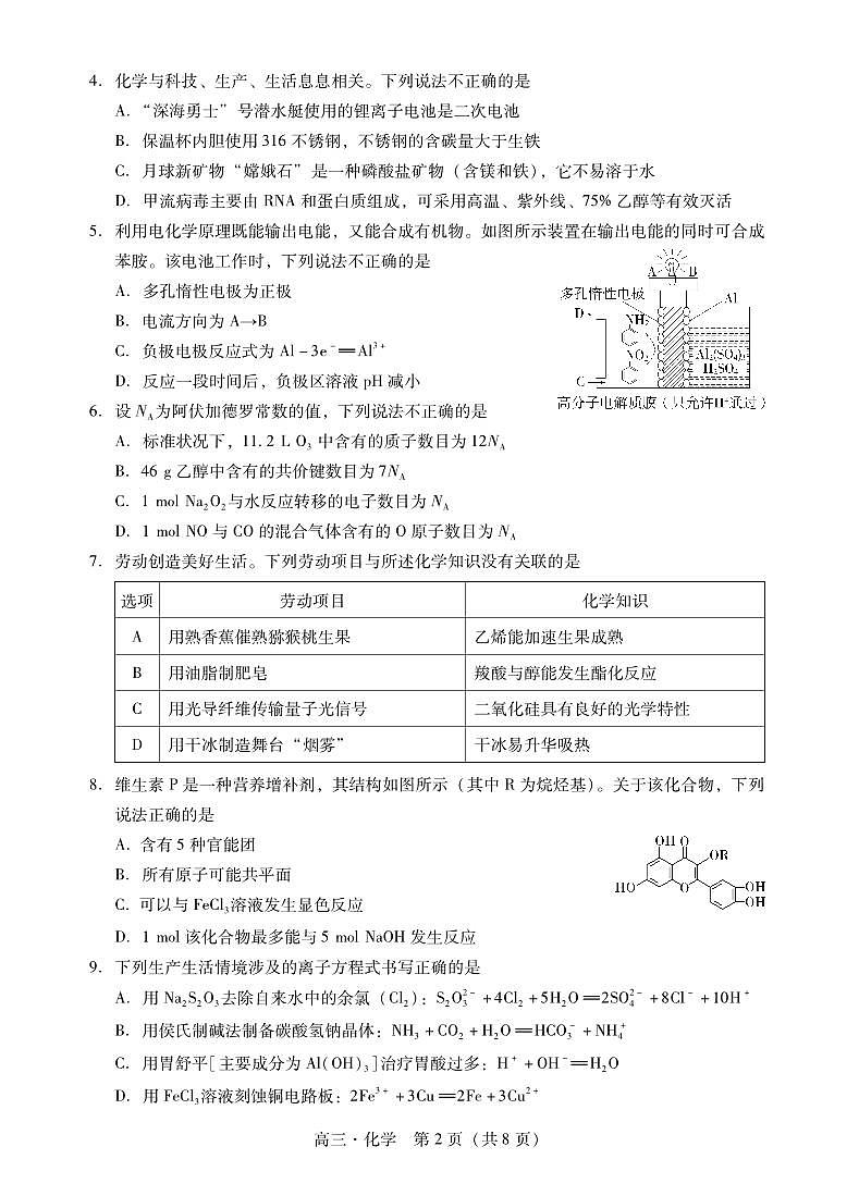 广东省肇庆市2025届高三上学期第一次模拟考试化学试卷（PDF版附解析）第2页