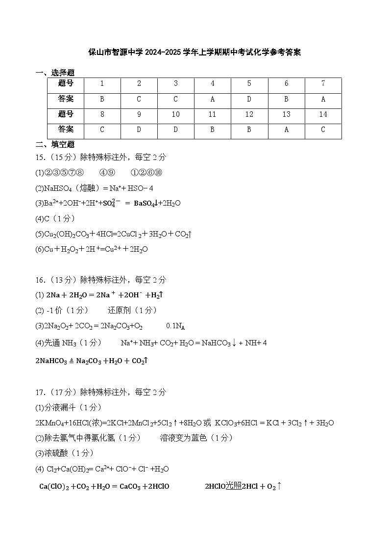 云南省保山市智源高级中学2024-2025学年高一上学期11月期中化学答案第1页