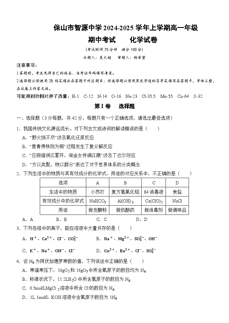 云南省保山市智源高级中学2024-2025学年高一上学期11月期中化学试卷第1页