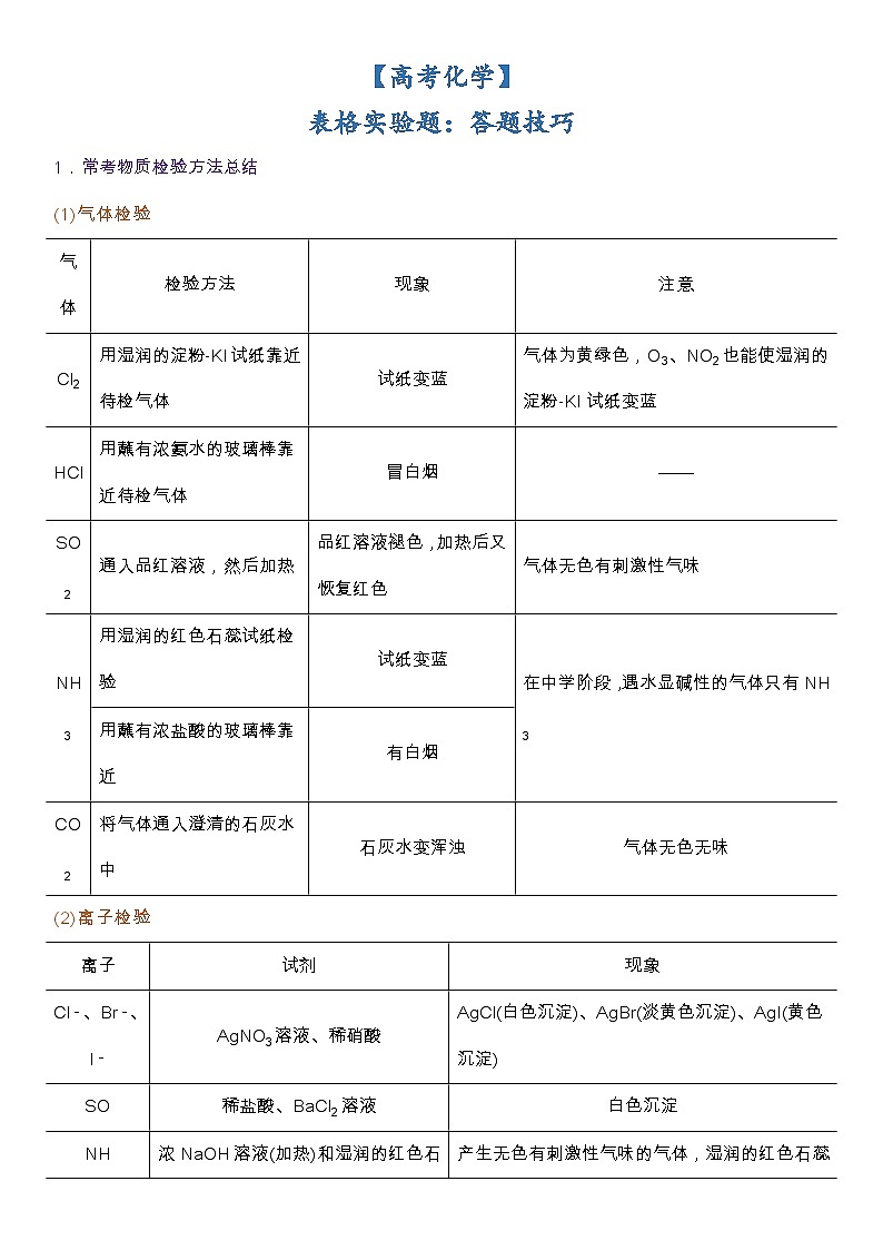 【高考化学】表格实验题：答题技巧（解析版）-学案第1页