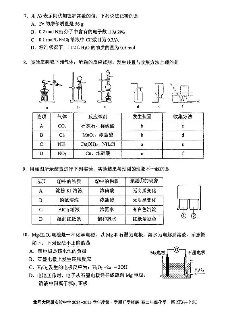 2024北京北师大实验中学高二（上）开学考化学试题第2页