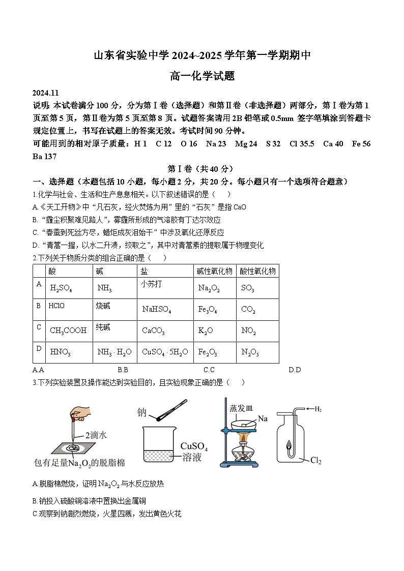 山东省济南市山东省实验中学2024-2025学年高一上学期11月期中考试 化学试题(无答案)第1页