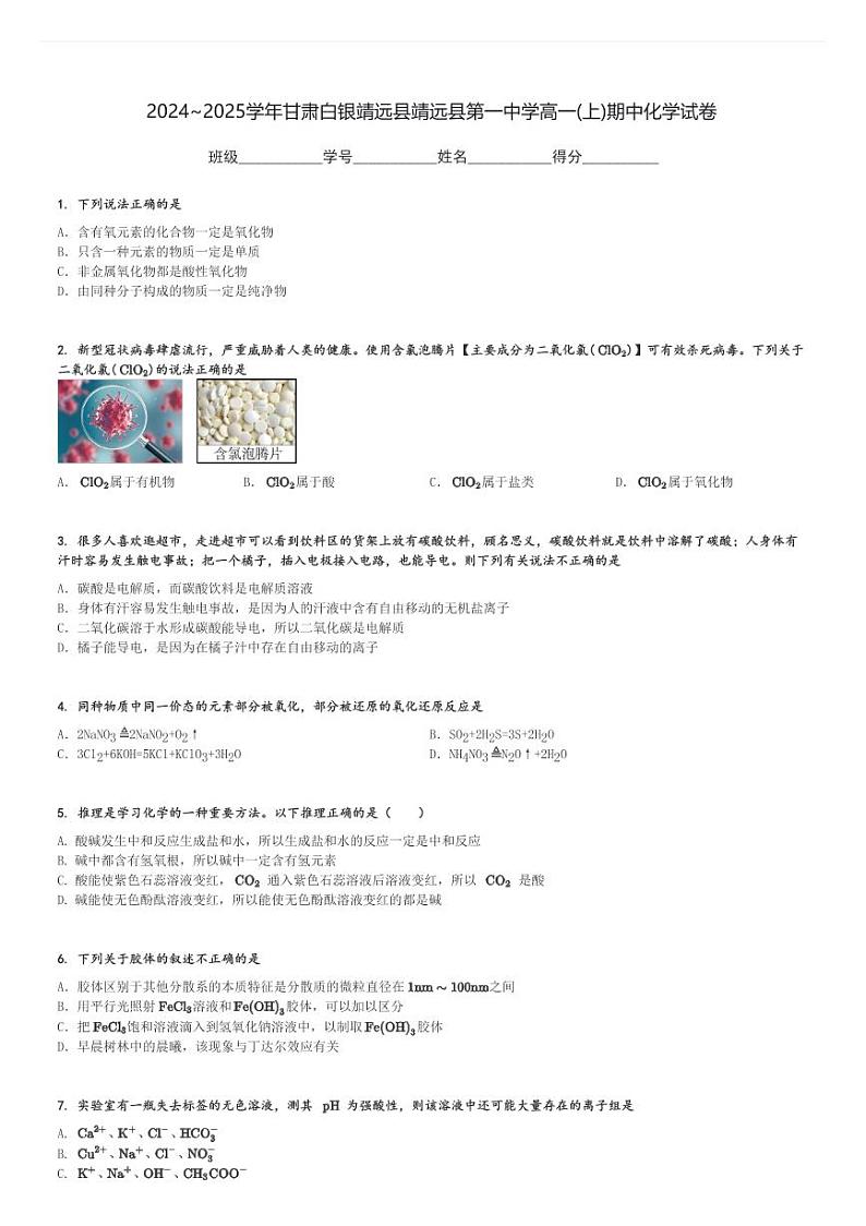 2024～2025学年甘肃白银靖远县靖远县第一中学高一(上)期中化学试卷[原题+解析]第1页