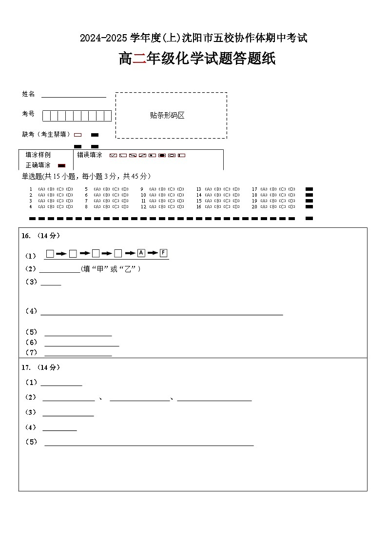 辽宁省沈阳市五校协作体2024-2025学年高二上学期11月期中化学试题（含答案）01