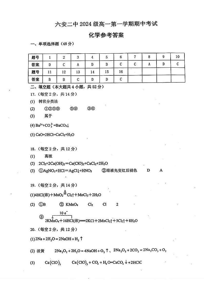 安徽省六安市六安第二中学2024-2025学年高一上学期11月期中化学试题参考答案第1页