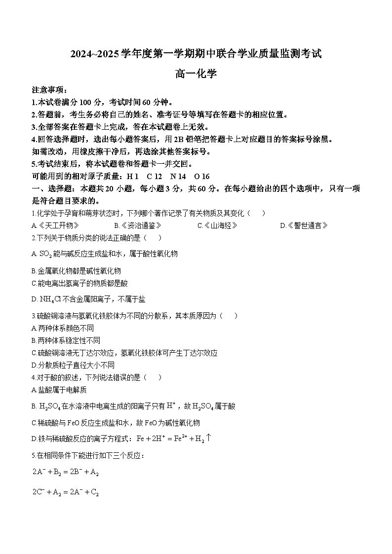 广东省东莞市两校2024-2025学年高一上学期期中联合考试 化学 （含答案）第1页