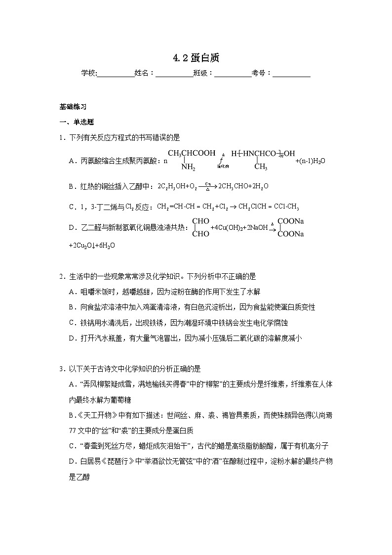 4.2蛋白质同步练习 2024-2025学年高二化学人教版（2019）选择性必修3第1页