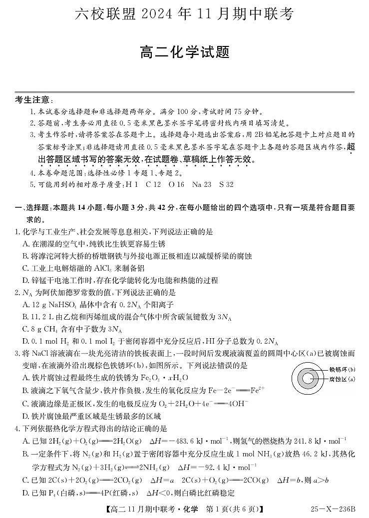 化学-金T阳六校联盟2024-2025学年高二上学期11月期中考试 第1页