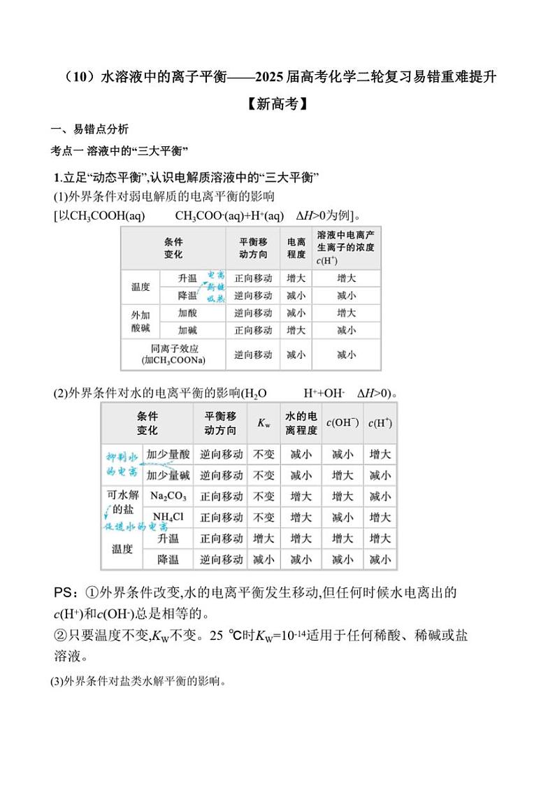 2025届新高考化学高三一轮复习易错题：水溶液中的离子平衡第1页