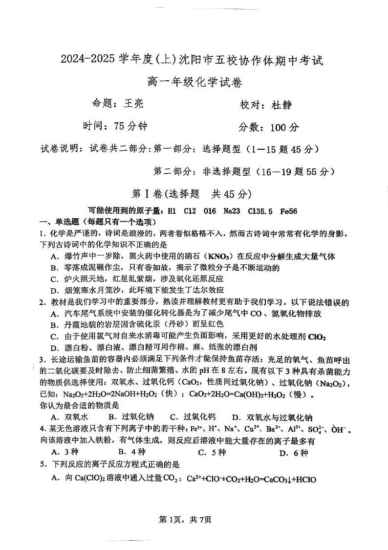 辽宁省沈阳市五校协作体2024-2025学年高一上学期期中考试化学试题第1页