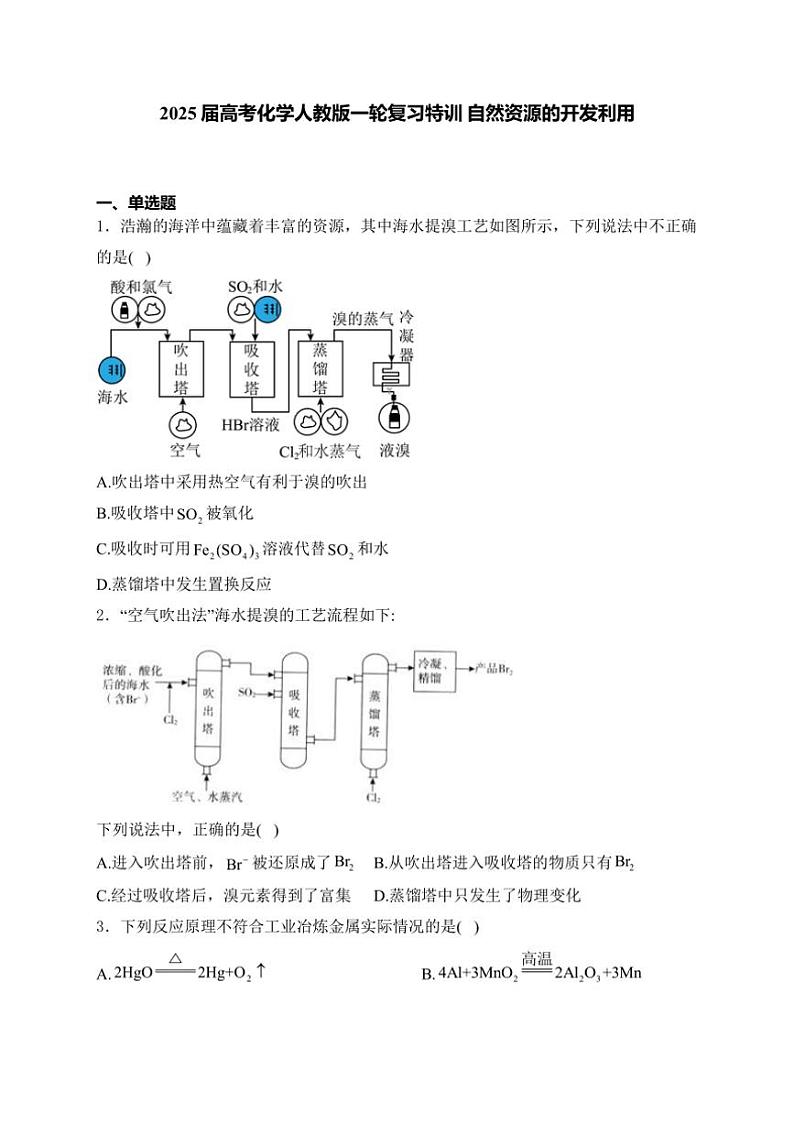 2025届高考化学人教版一轮复习特训 自然资源的开发利用（含解析）第1页
