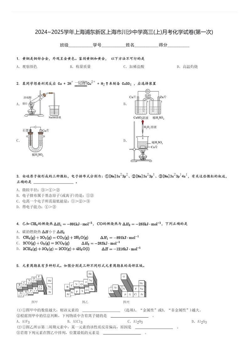 2024～2025学年上海浦东新区上海市川沙中学高三(上)月考化学试卷(第一次)[原题+解析]第1页