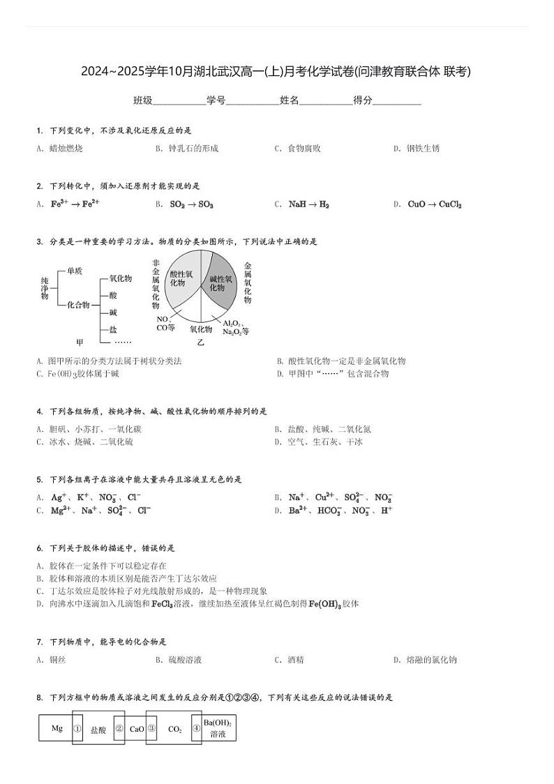 2024～2025学年10月湖北武汉高一(上)月考化学试卷(问津教育联合体 联考)[原题+解析]第1页