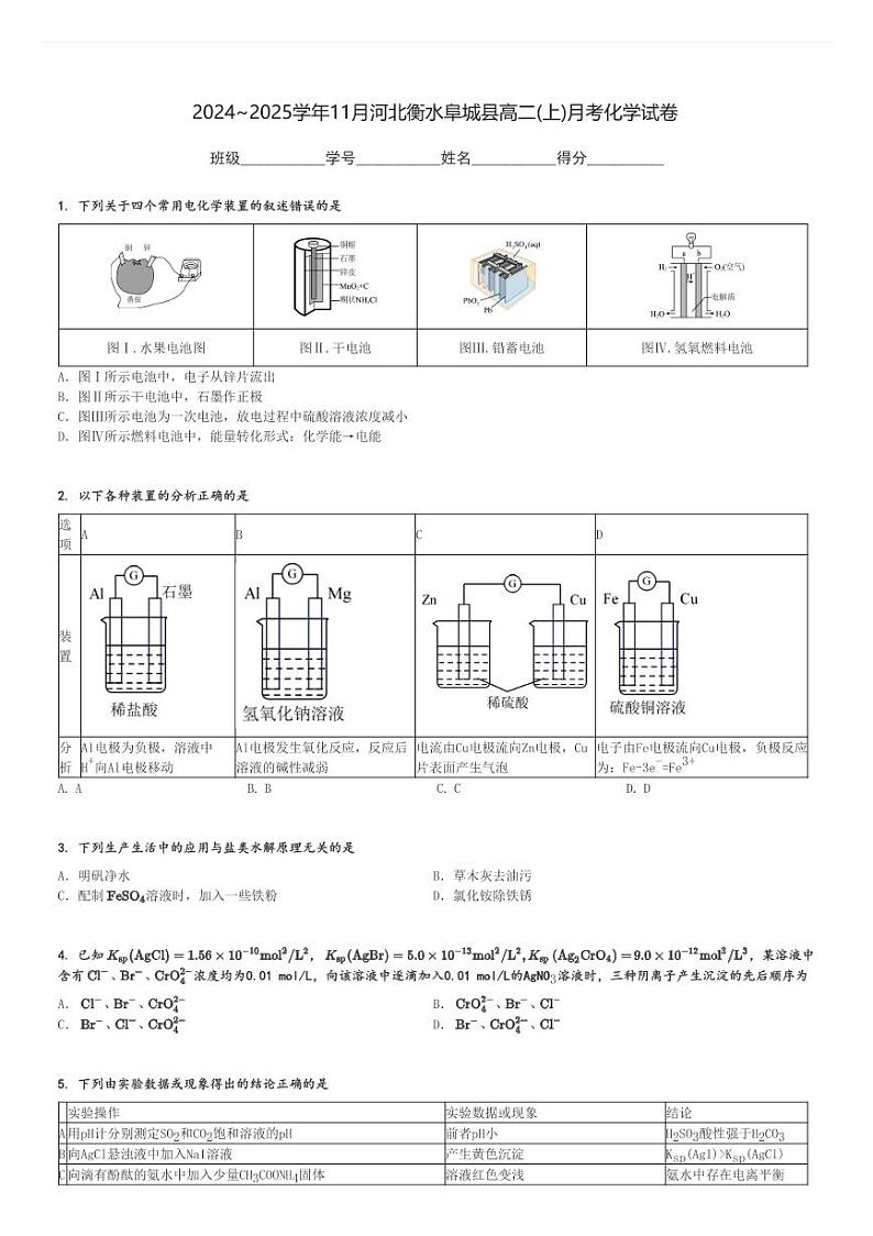 2024～2025学年11月河北衡水阜城县高二(上)月考化学试卷[原题+解析]01