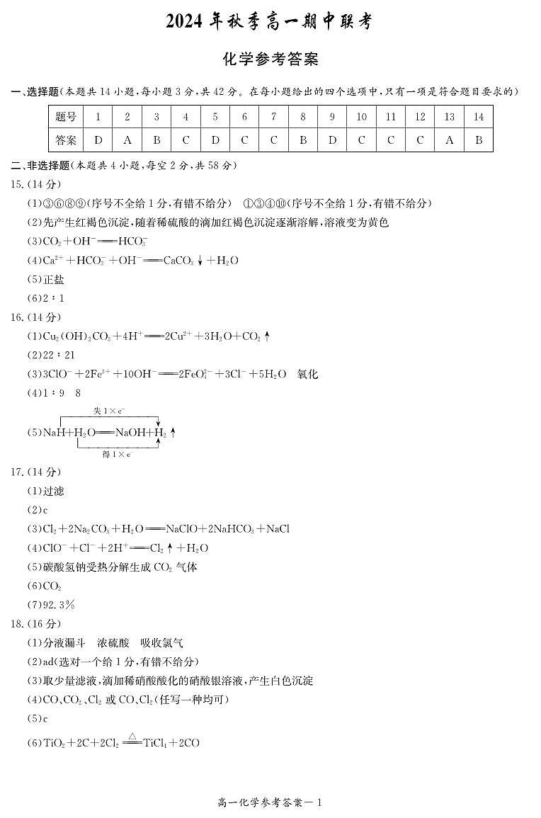 湖南省名校联考联合体2024-2025学年高一上学期11月期中考试 化学试题01