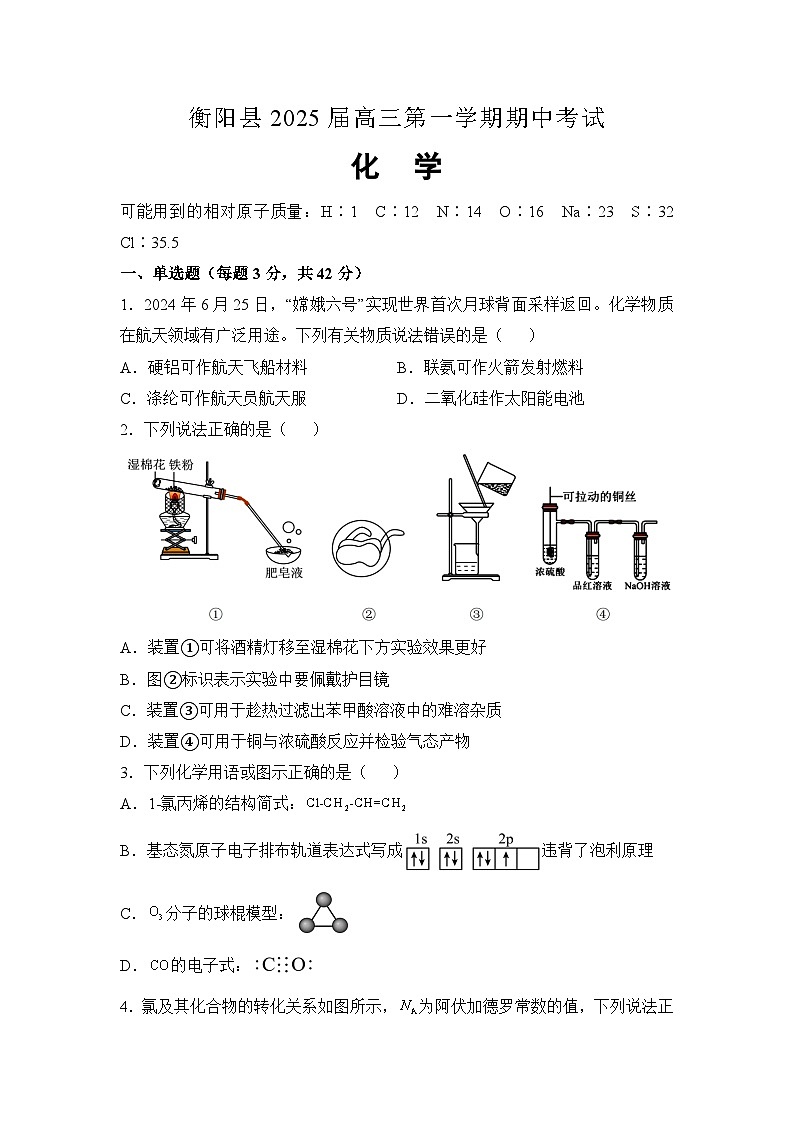 湖南省衡阳市衡阳县2024-2025学年高三上学期11月期中考试 化学试题第1页