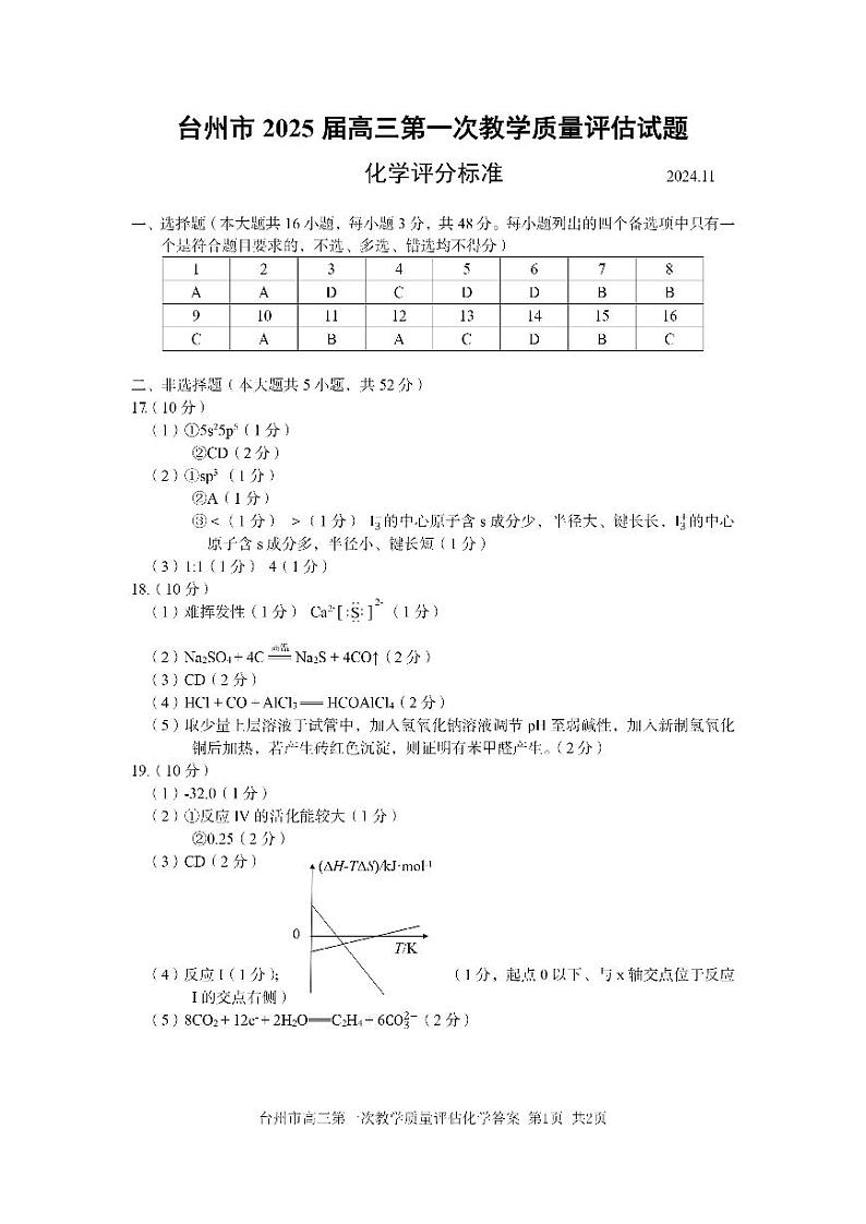2025届台州高三上学期11月一模化学试题+答案01