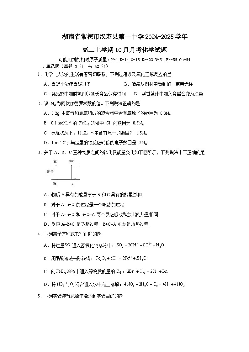 湖南省常德市汉寿县第一中学2024-2025学年高二上学期10月月考化学试题第1页
