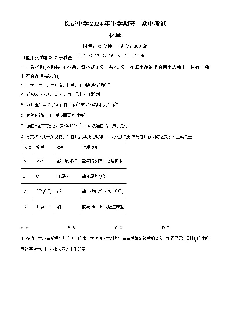 湖南省长沙市长郡中学2024-2025学年高一上学期11月期中考试 化学试题（原卷版）(1)第1页