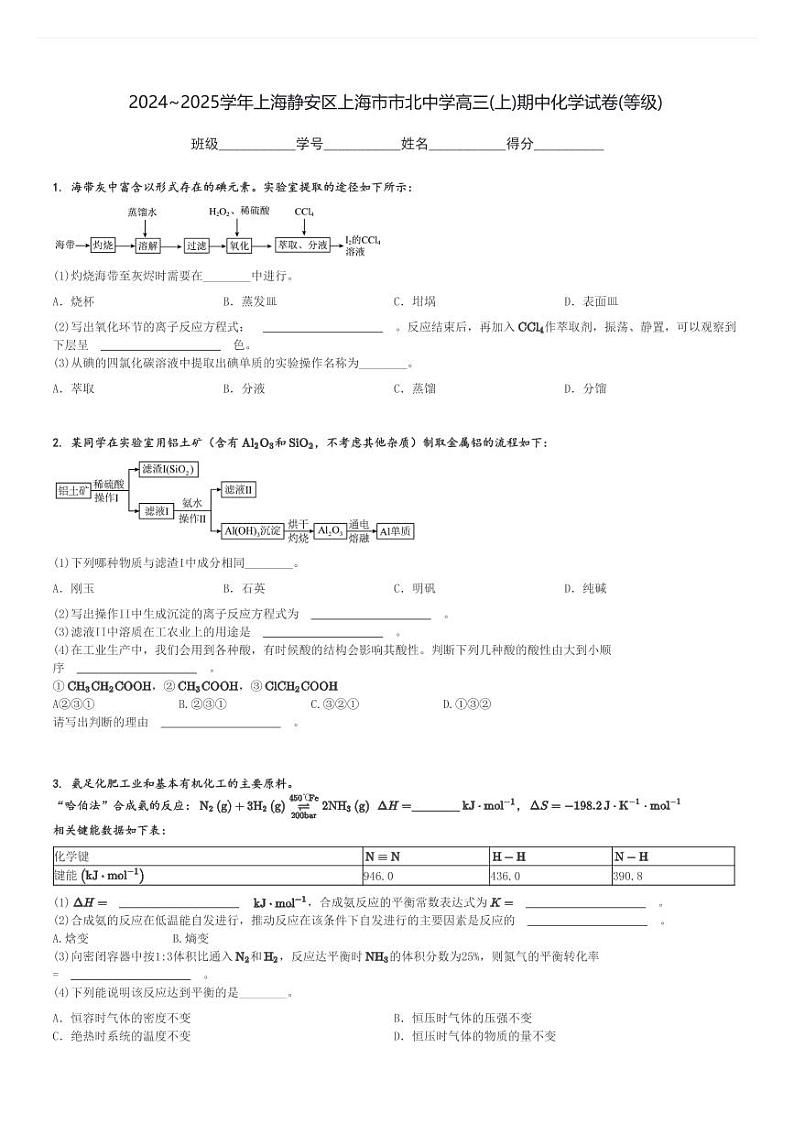 2024～2025学年上海静安区上海市市北中学高三(上)期中化学试卷(等级)[原题+解析]第1页