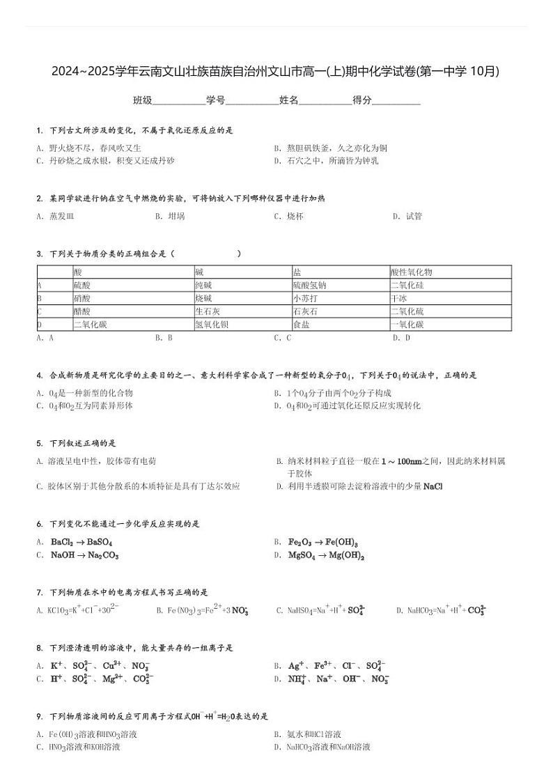 2024～2025学年云南文山壮族苗族自治州文山市高一(上)期中化学试卷(第一中学 10月)[原题+解析]第1页
