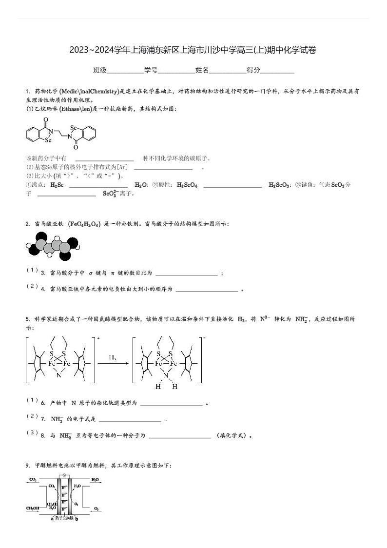 2023～2024学年上海浦东新区上海市川沙中学高三(上)期中化学试卷[原题+解析]第1页