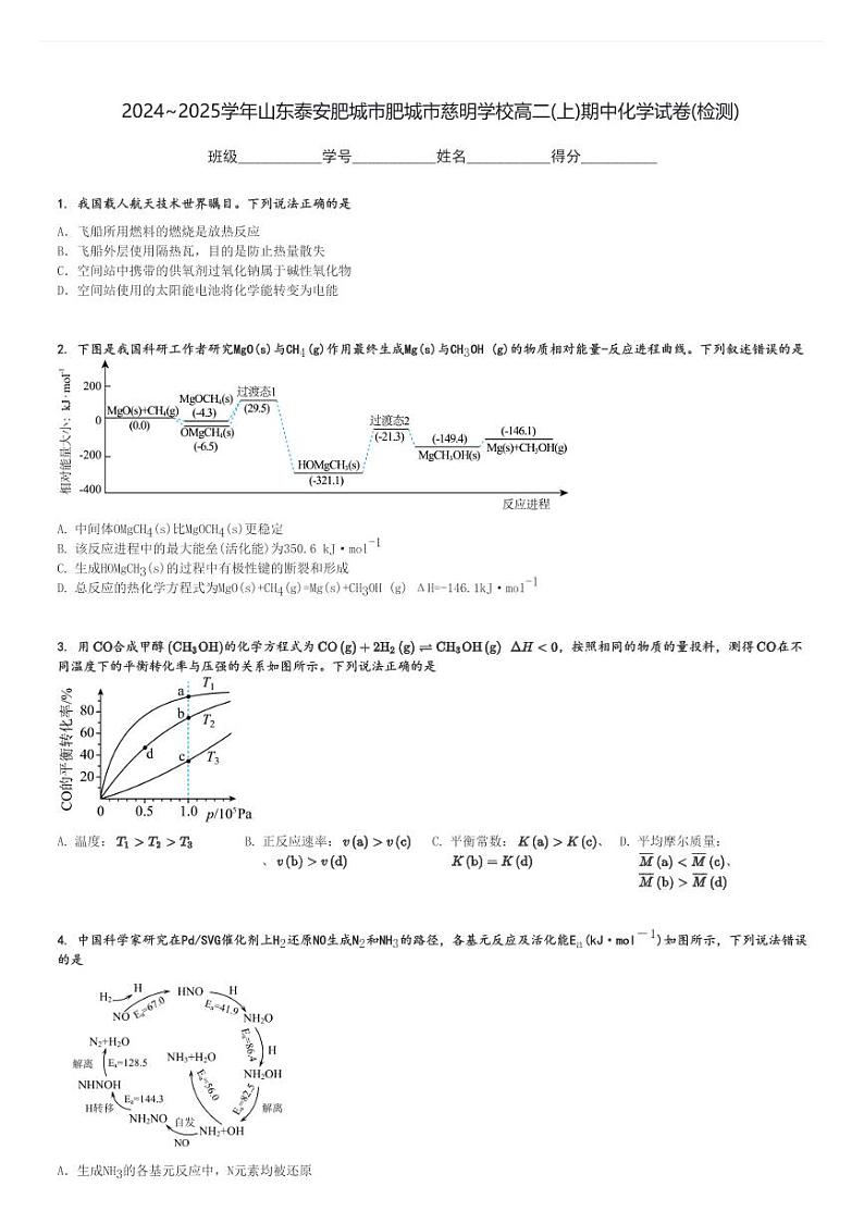 2024～2025学年山东泰安肥城市肥城市慈明学校高二(上)期中化学试卷(检测)[原题+解析]第1页