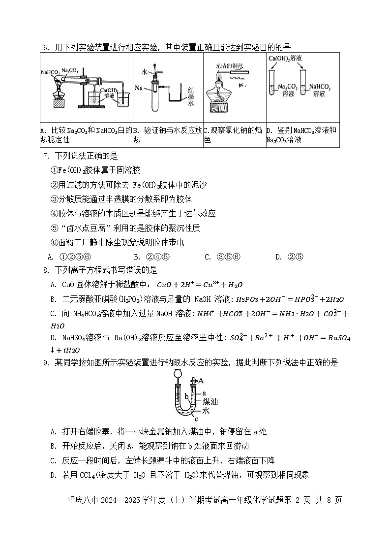 重庆市第八中学2024-2025学年高一上学期期中考试化学试卷（Word版附解析）02