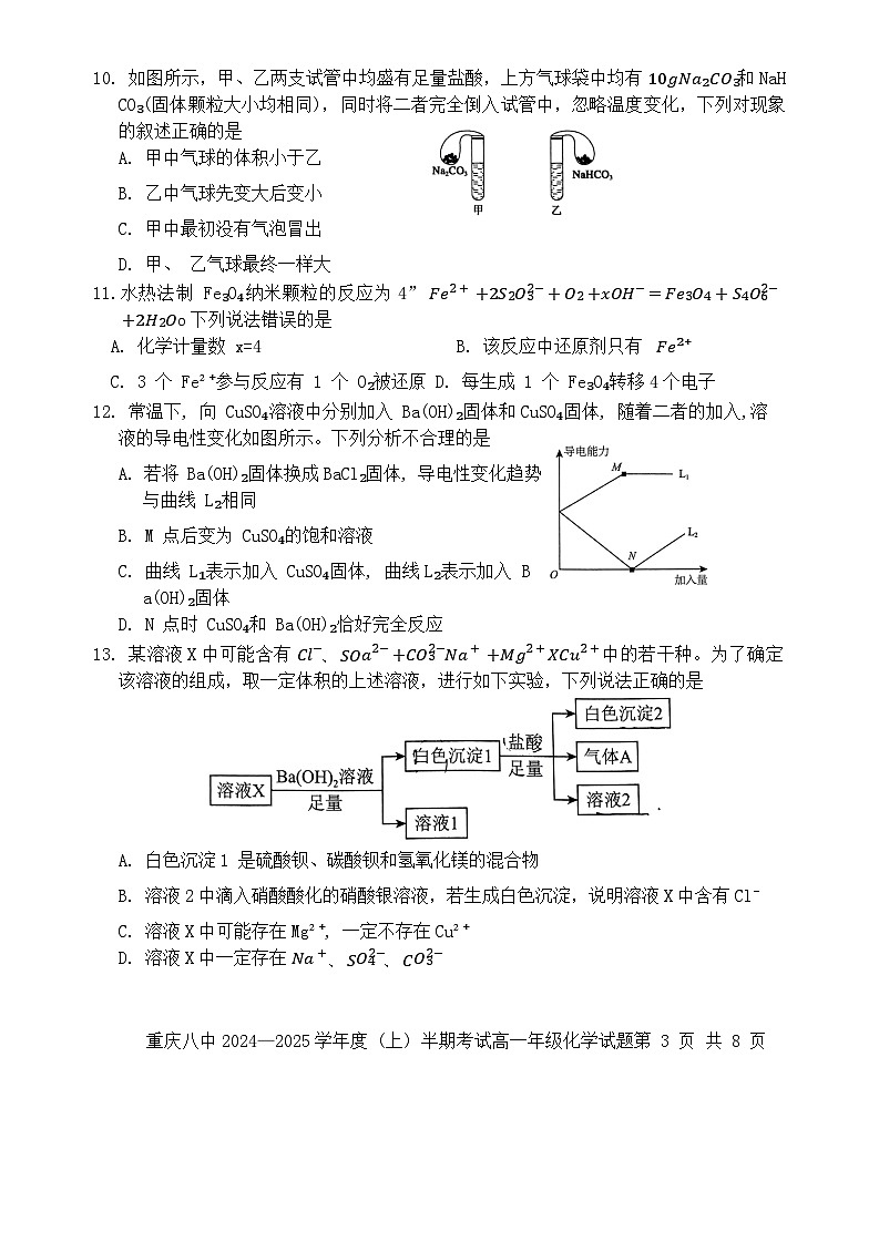 重庆市第八中学2024-2025学年高一上学期期中考试化学试卷（Word版附解析）03