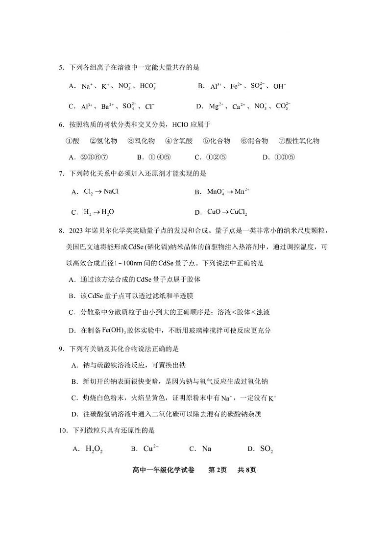 2024-2025学年第一学期高一化学期中试卷第2页