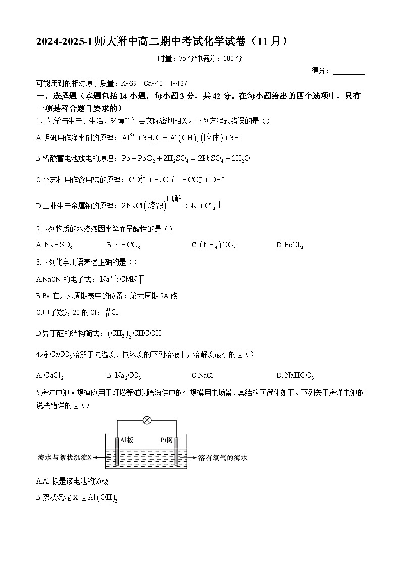 湖南师大附中2024-2025学年高二上学期11月期中考试化学试卷第1页