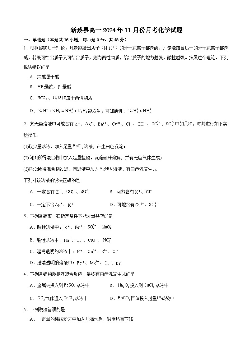 河南省驻马店市新蔡县2024-2025学年高一上学期11月月考 化学试题第1页