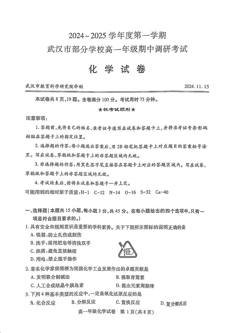湖北省武汉市部分学校2024-2025学年高一上学期期中考试 化学试题第1页