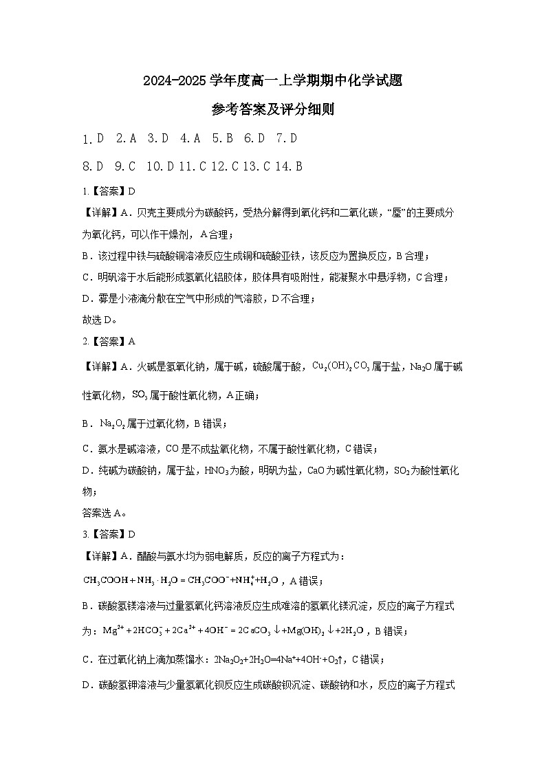 合肥一中高一期中化学答案第1页
