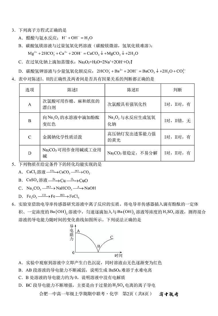 合肥一中高一期中化学试卷第2页